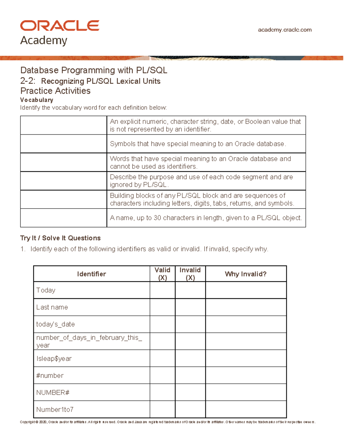 PLSQL 2-2 Practice Material: Lexical Units & Activities Guide - Studocu