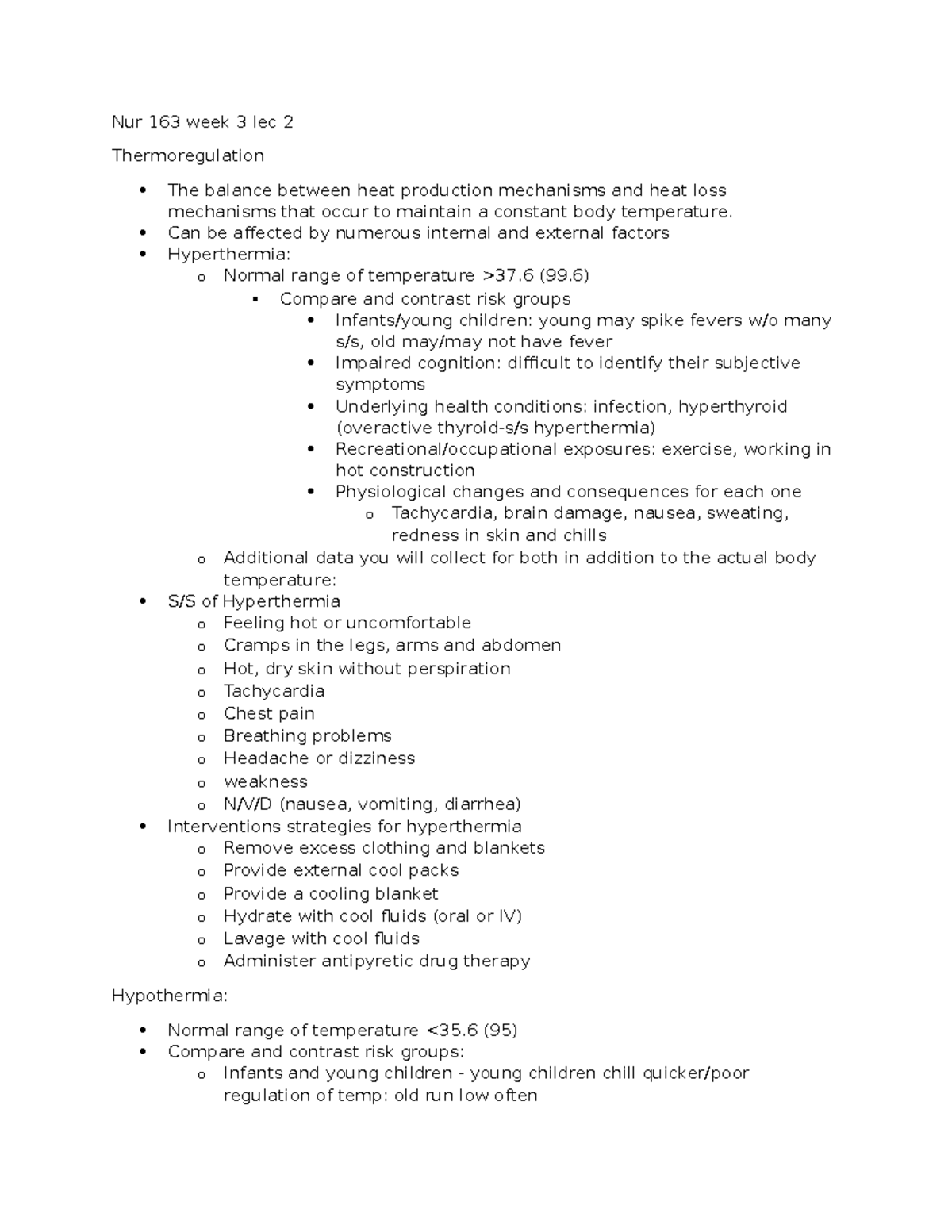 Nur 163 Week 3 Lec 2 - Thermoregulation & Heat Management Notes - Studocu