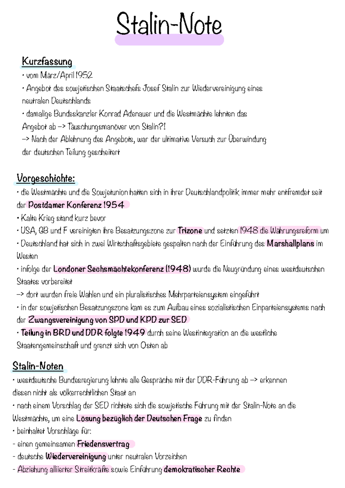 Zusammenfassung der Stalin-Note: Der Weg zur deutschen Teilung - Studocu