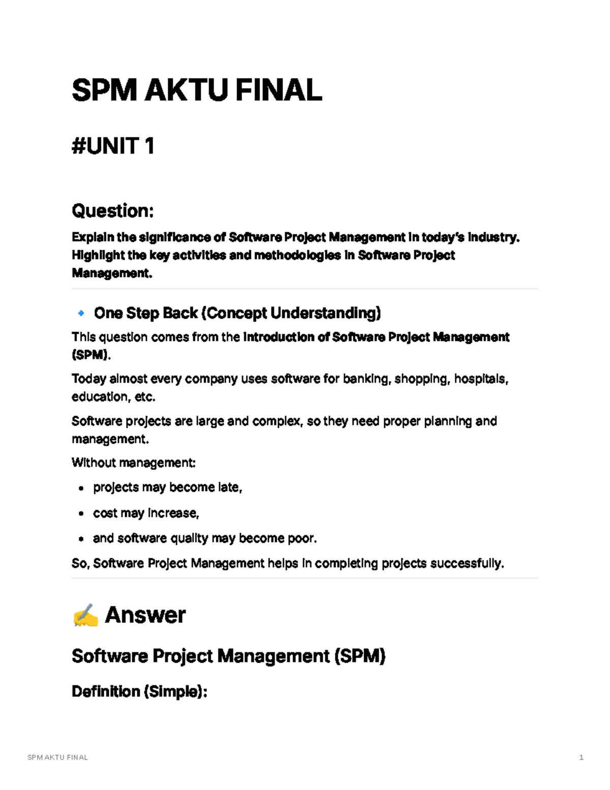 SPM AKTU Final Exam Notes: Software Project Management Overview - Studocu