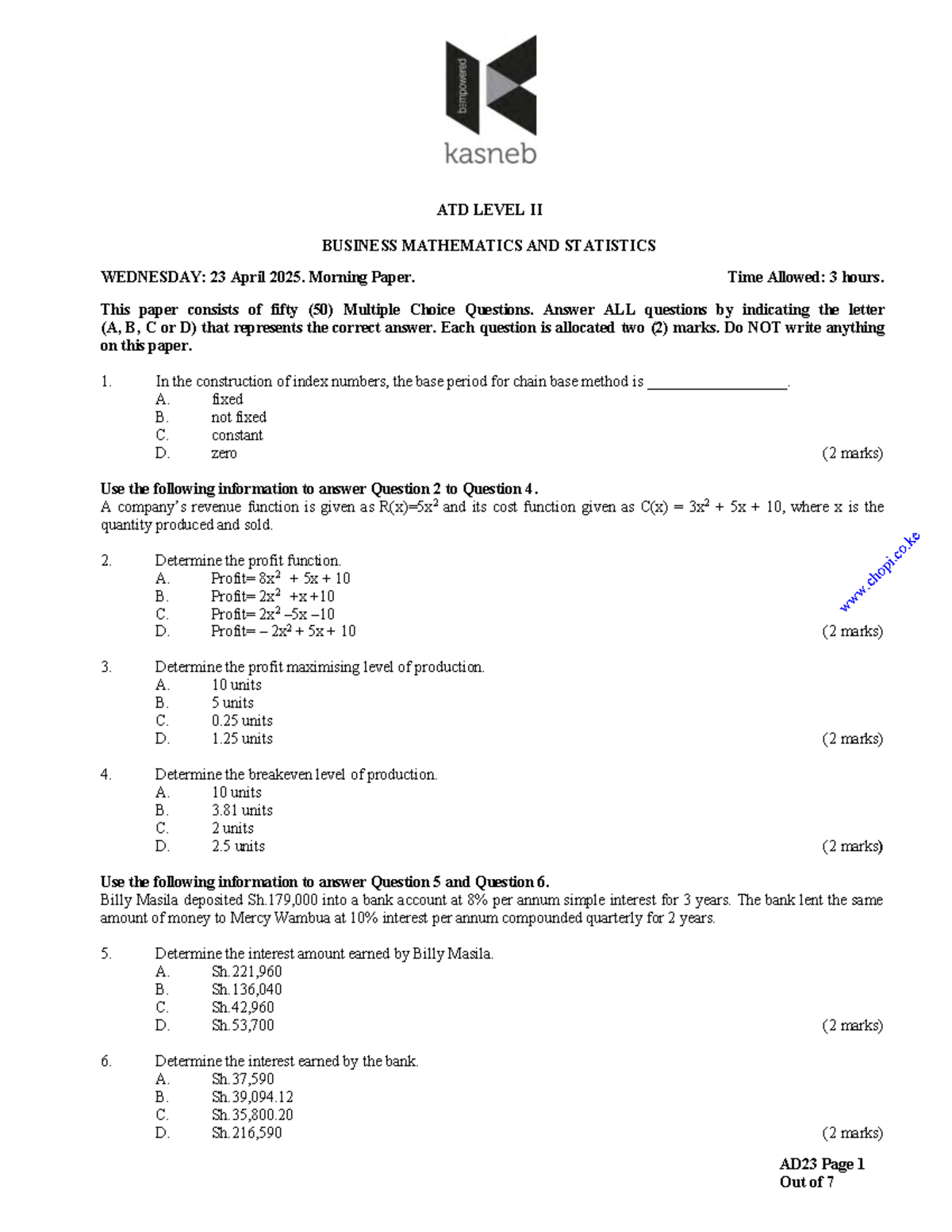 ATD LEVEL II BUSINESS MATHEMATICS AND STATISTICS FINAL EXAM: 23 April ...
