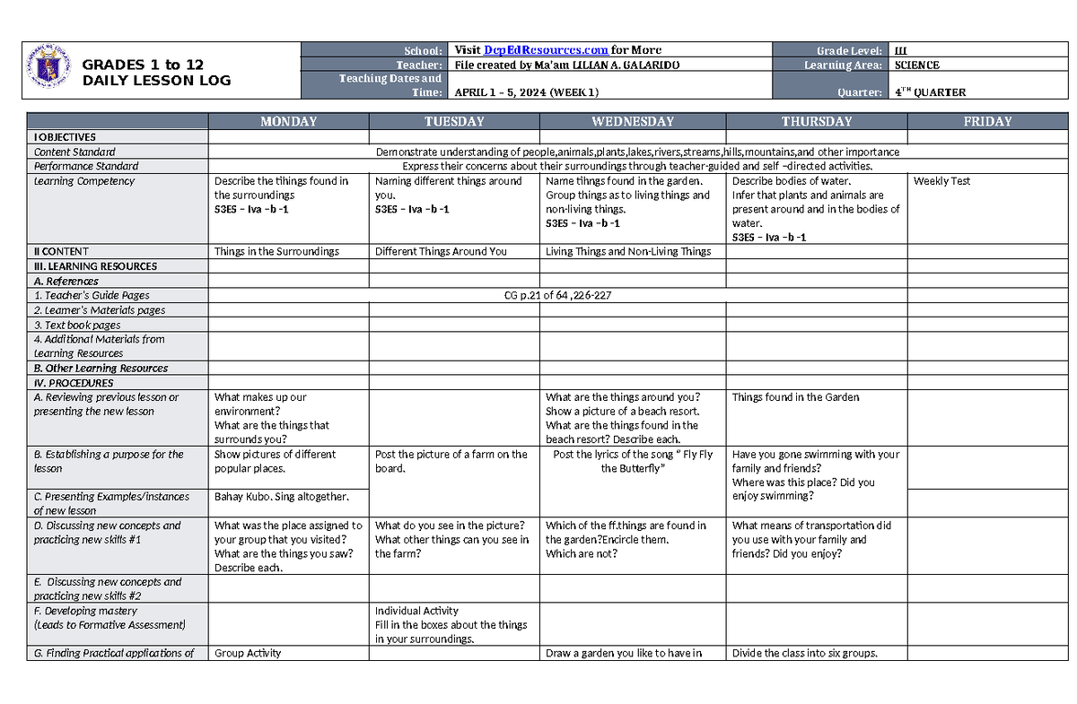 DLL Science 3 Q4 W1 - GRADES 1 to 12 DAILY LESSON LOG School: Visit ...