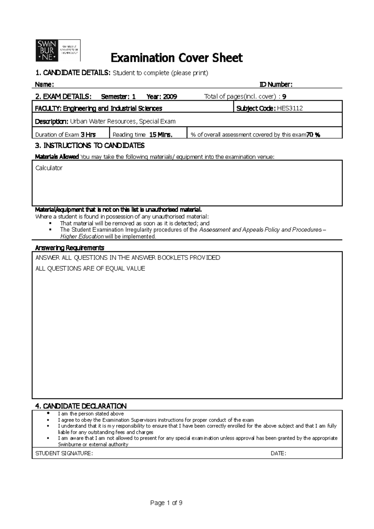 Exam 2009, questions - Semester 1 - Examination Cover Sheet 1 ...