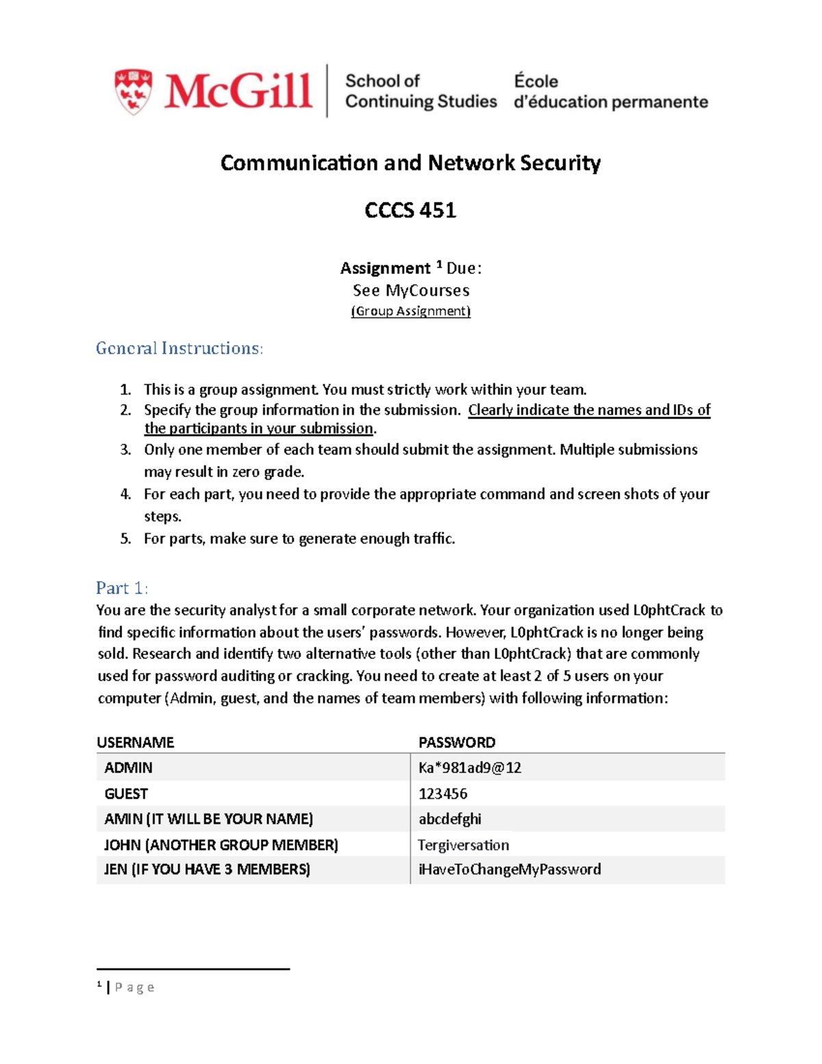 CCCS 451 - Network Security Assignment 1: Group Project Guidelines ...