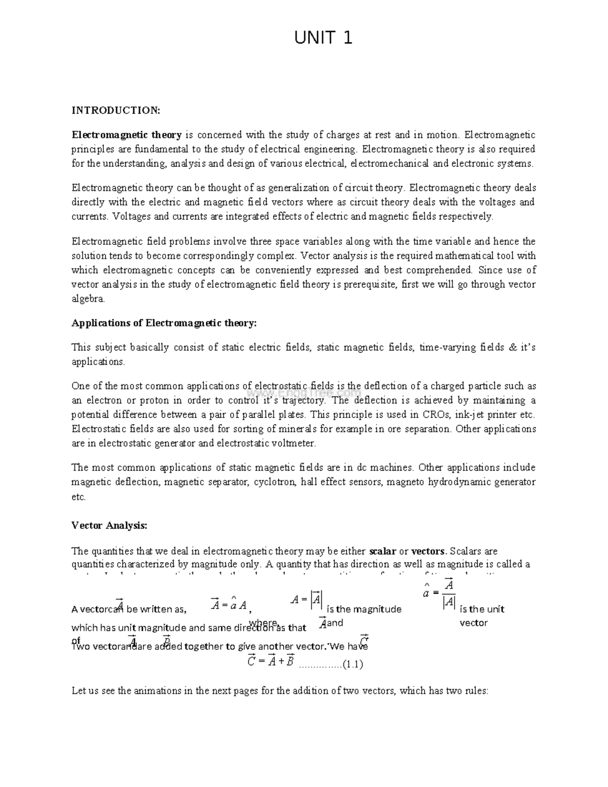 EE3301 Electromagnetic Fields: Unit 1 Lecture Notes on Theory and ...