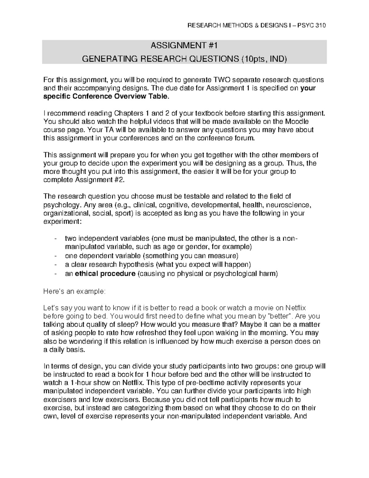 PSYC 310 Assignment 1: Generating Research Questions & Designs - Studocu