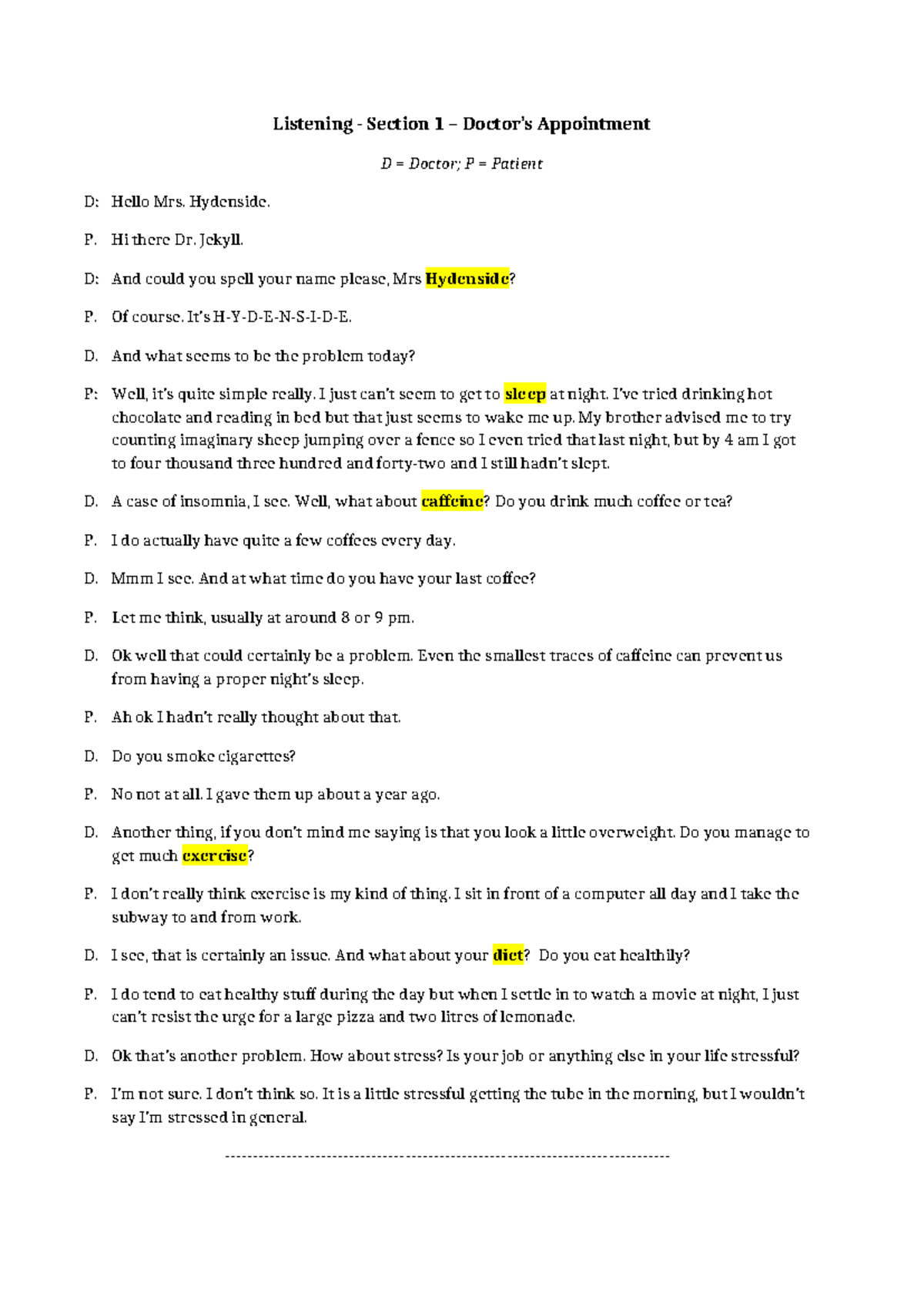 Doctors Appointment Transcript and Answer Key - Section 1 Insights ...