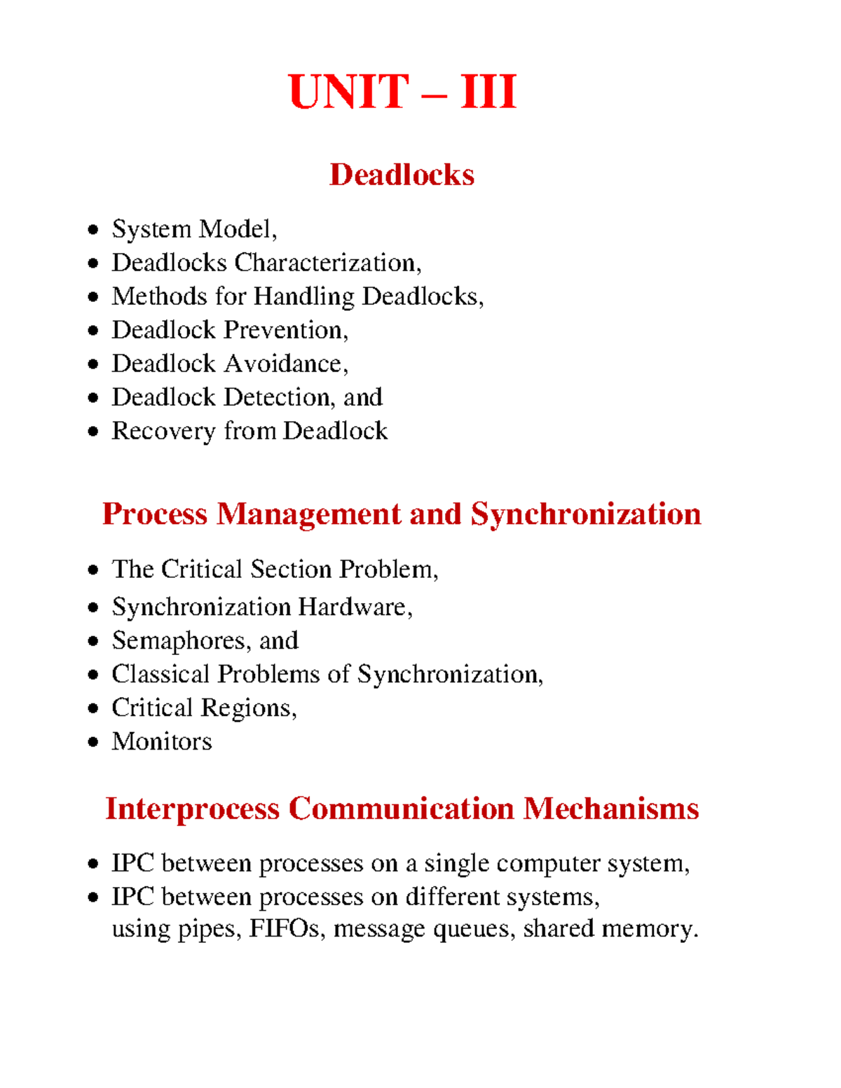 Operating System III UNIT Notes: Deadlocks & Synchronization Mechanisms ...