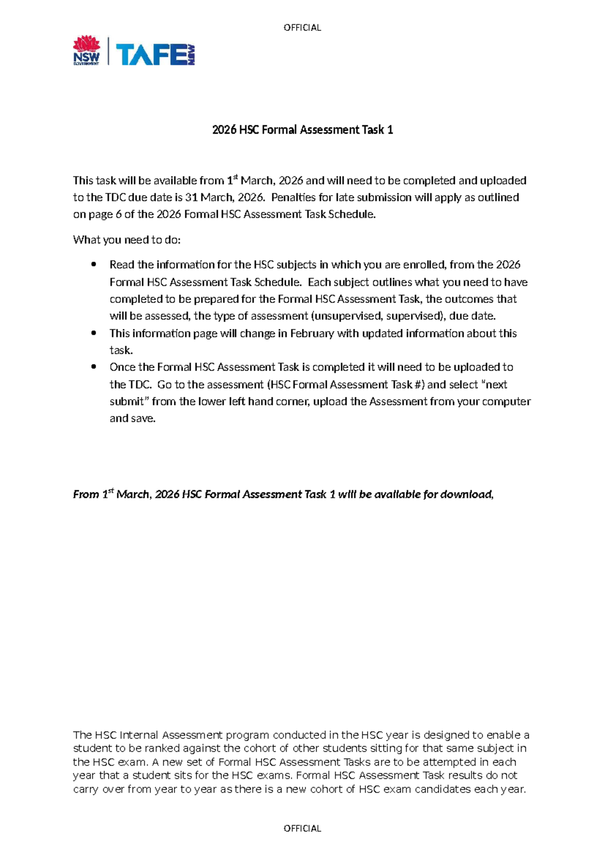 2026 HSC Formal Assessment Task 1 Instructions - Studocu