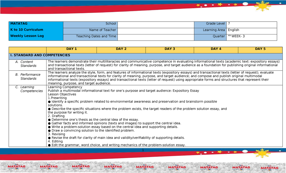 English 7 DLL Week 3 - Q4: Daily Lesson Plan on Writing Process - Studocu
