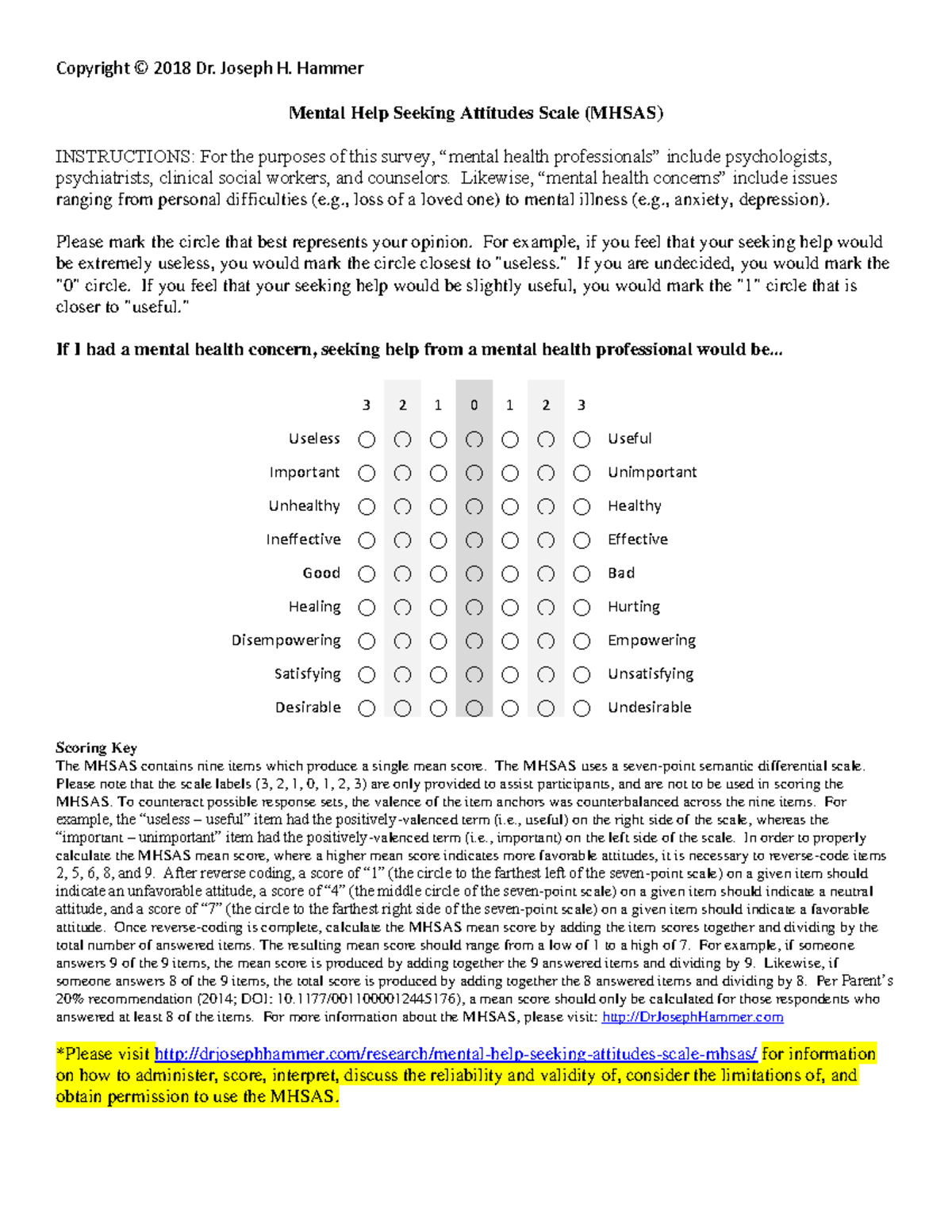 Mental Help Seeking Attitudes Scale (MHSAS) Instructions & Scoring ...