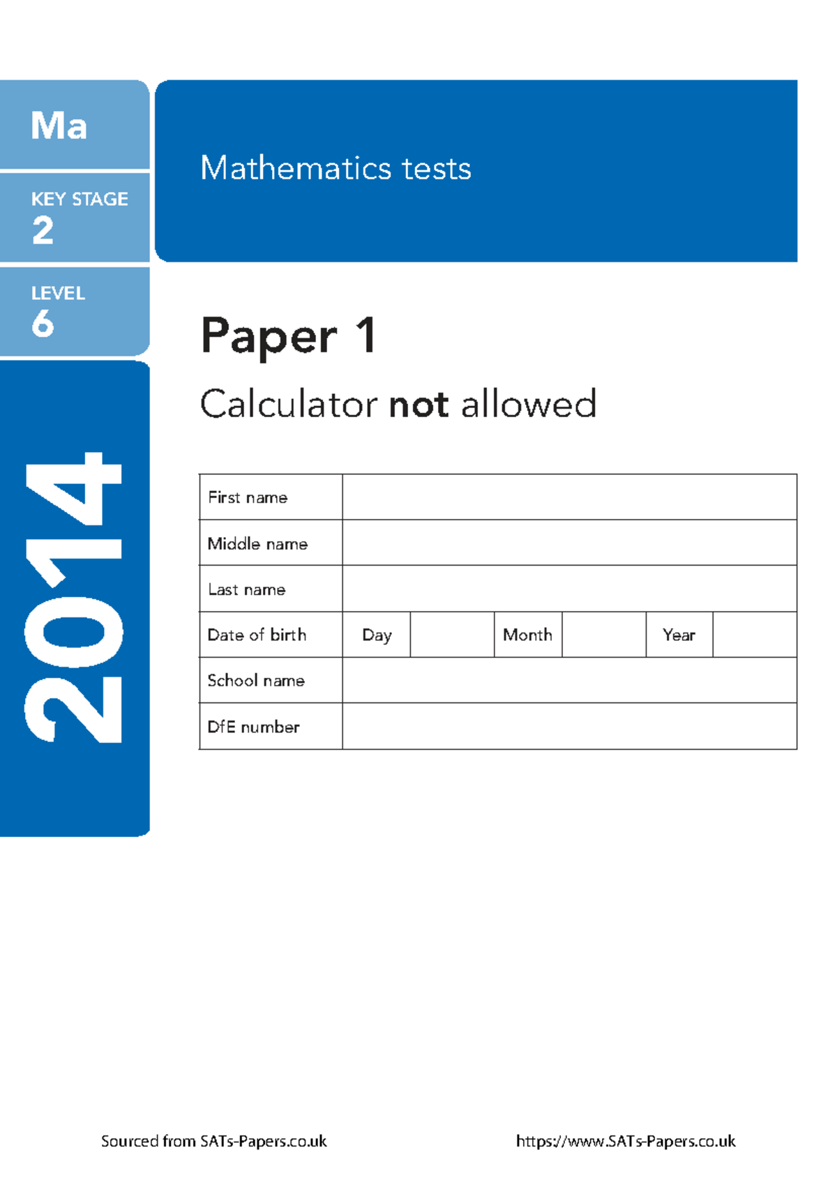 KS2 Mathematics Level 6 Test Paper 1 (2014) - No Calculator - Studocu