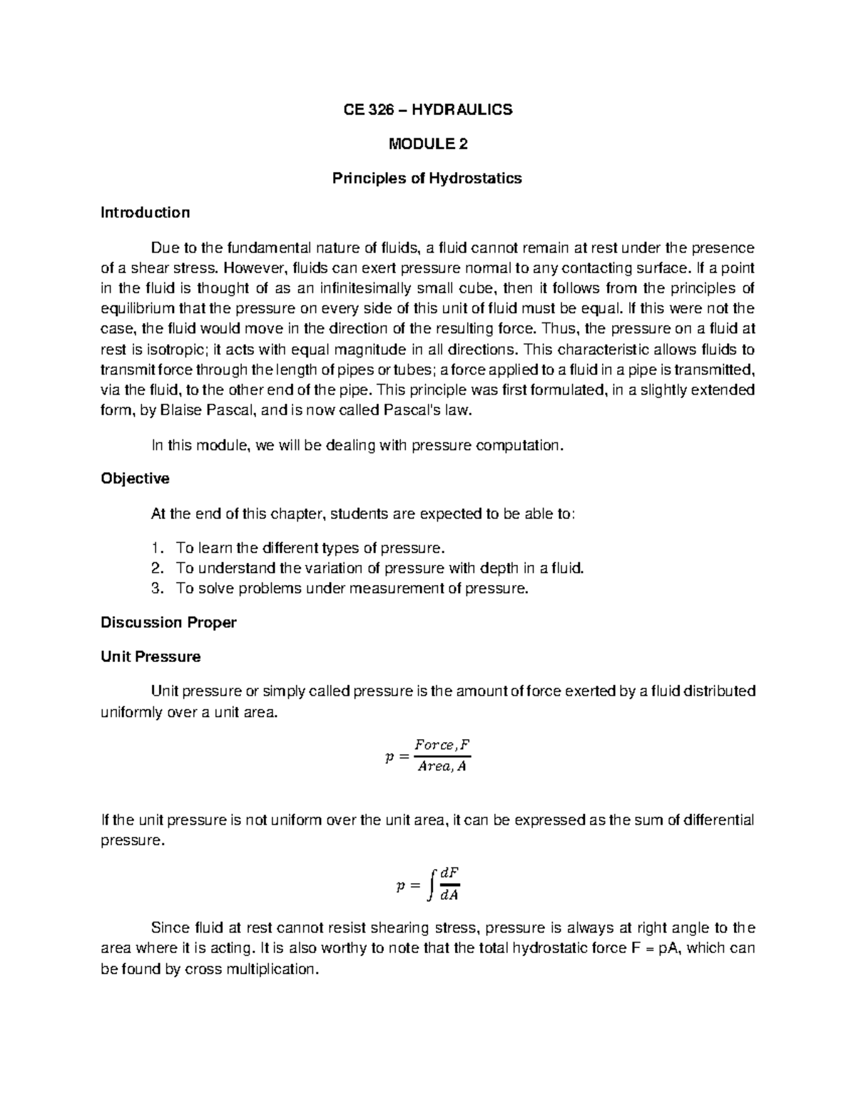 CE 326 HYDRAULICS MODULE 2: Principles of Hydrostatics Overview - Studocu