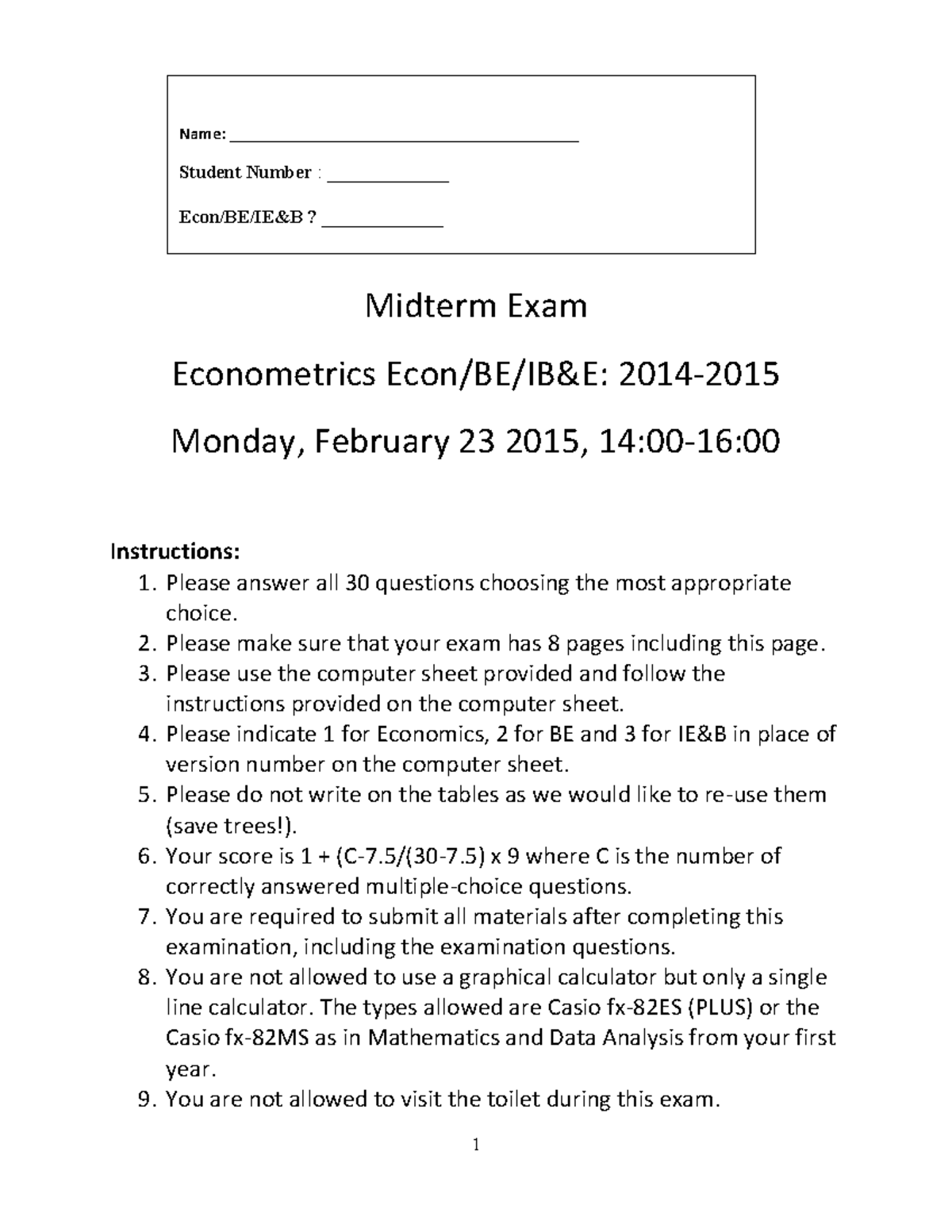 Midterm Exam 23-02-2015: Econometrics Questions & Answers - Studeersnel