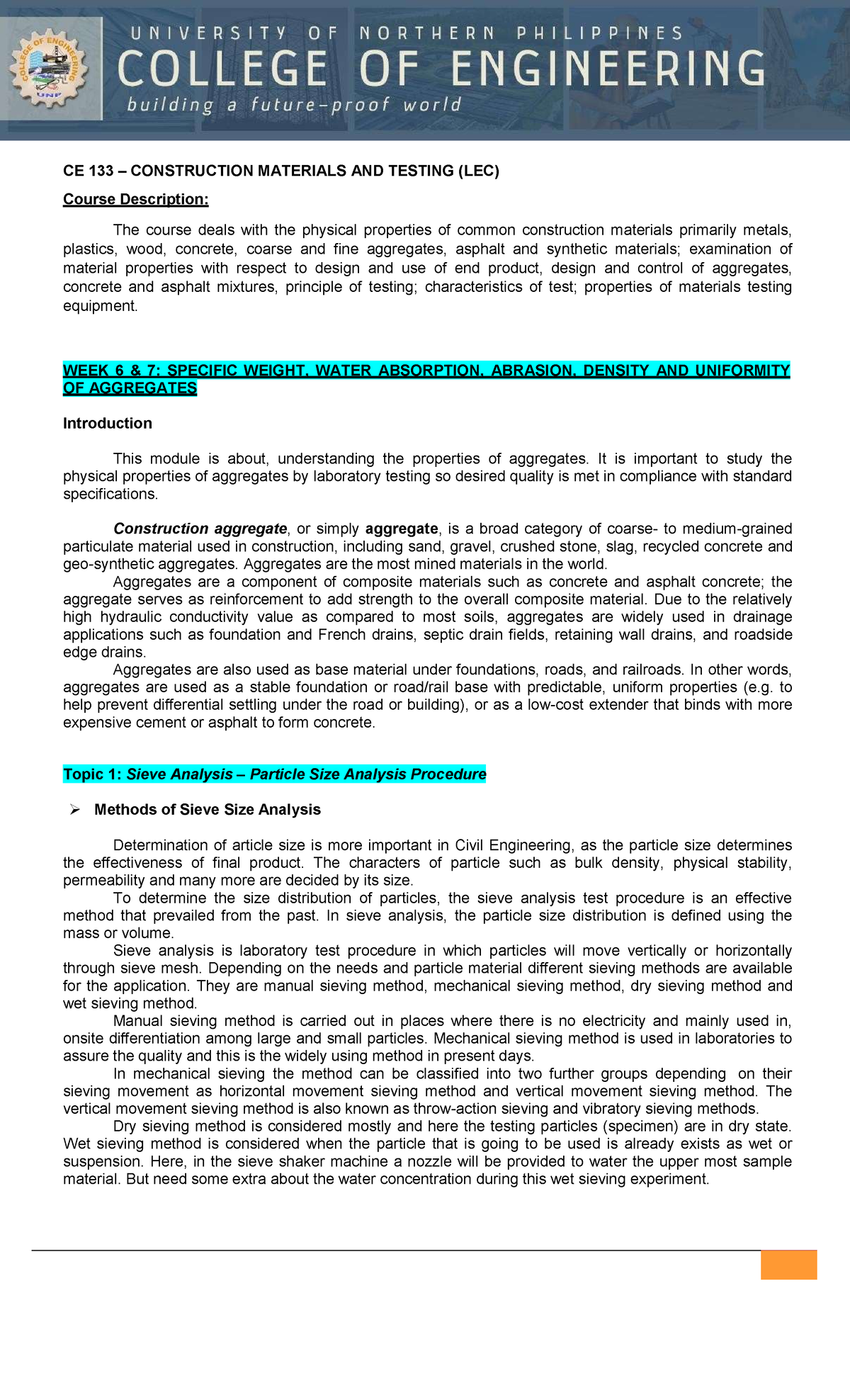 **CE 133 – LEC: Aggregate Properties and Testing Lecture Notes** - Studocu