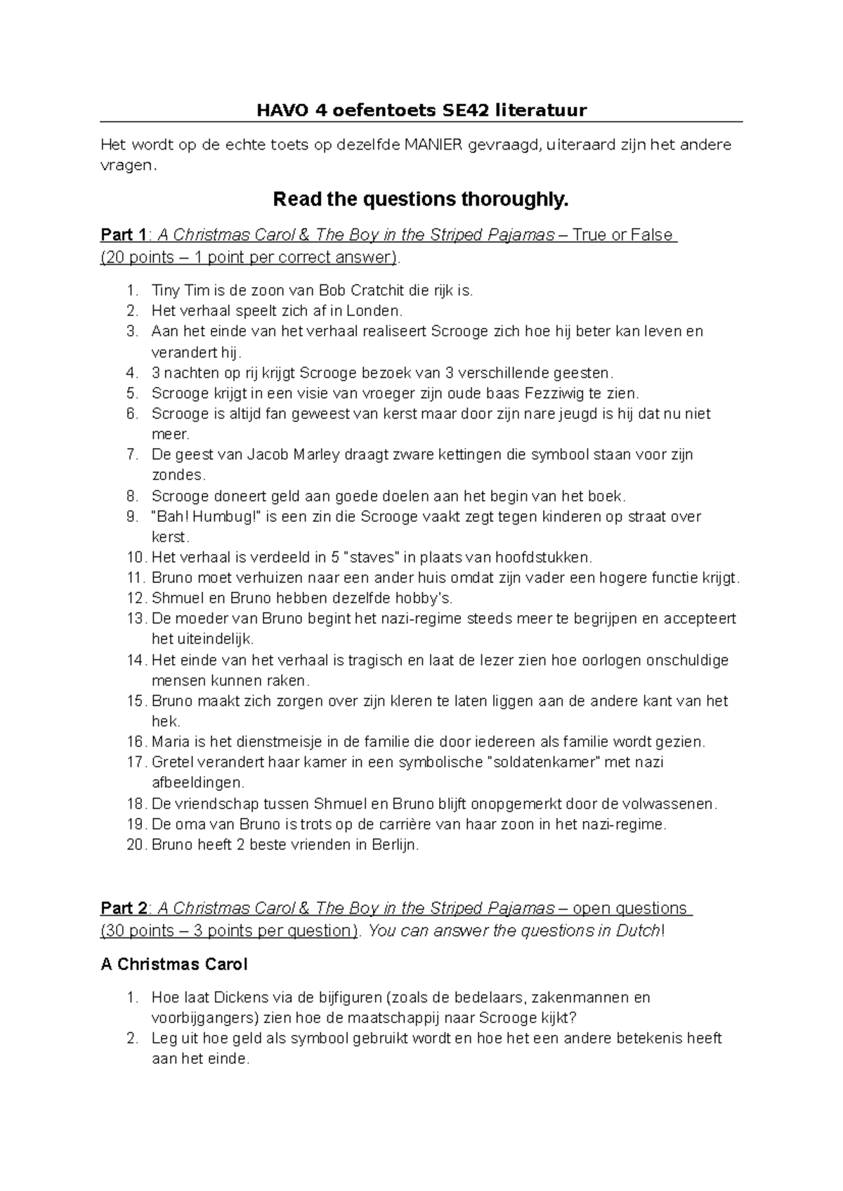 HAVO 4 Oefentoets SE42: A Christmas Carol & The Boy in the Striped ...
