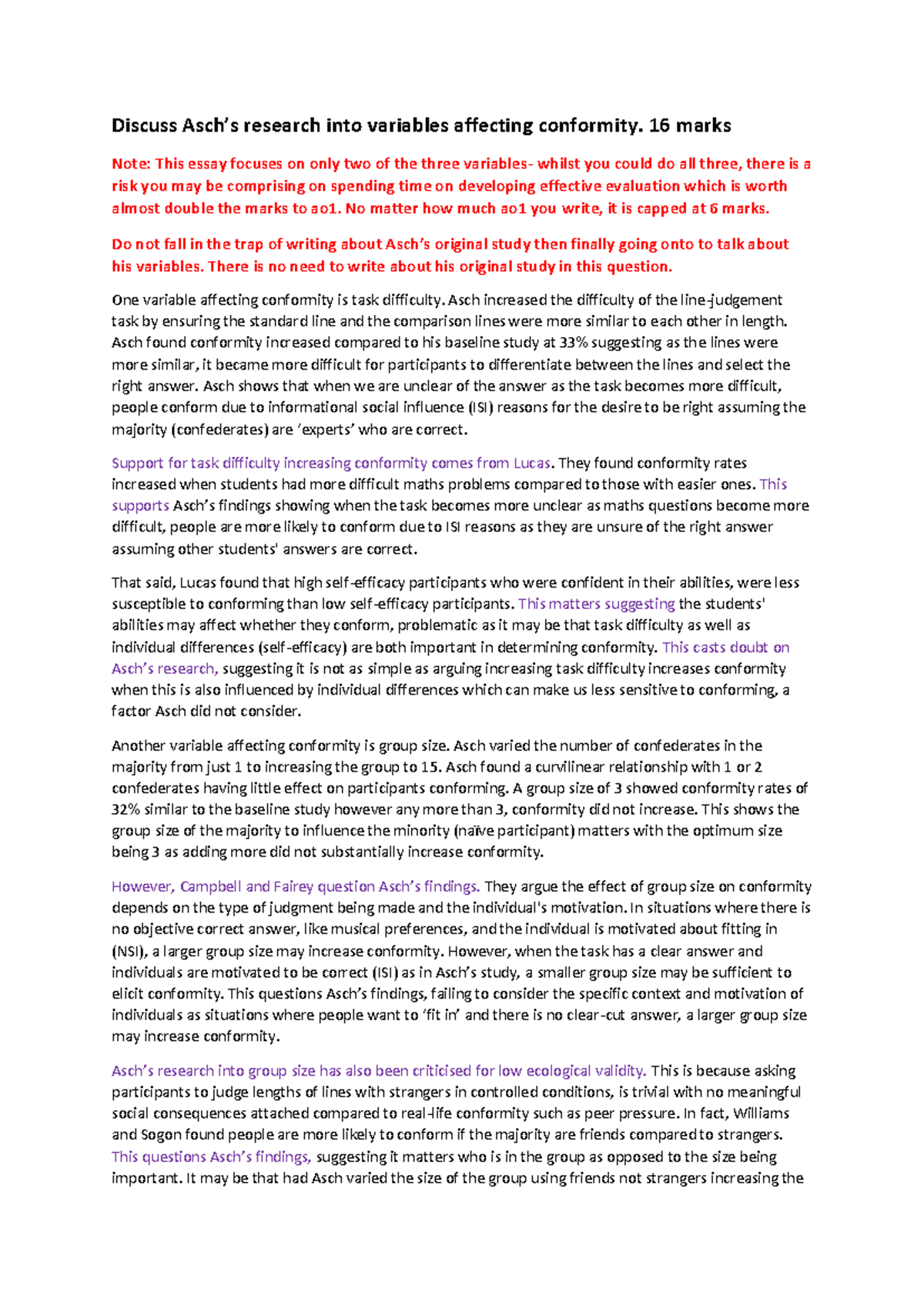 Asch's Variables Affecting Conformity - Essay Analysis (Psych 101 ...