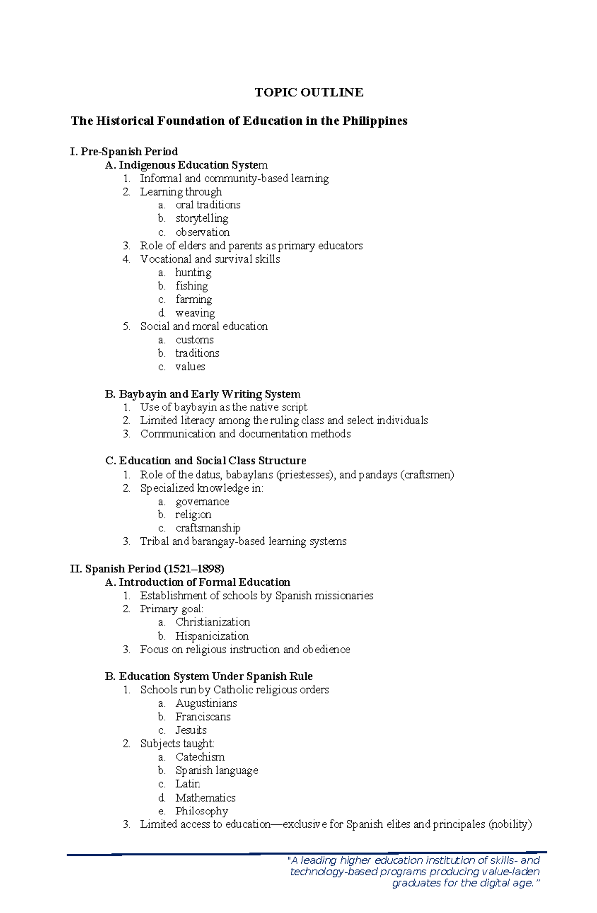 Topic Outline (Pre-Spanish & Spanish Period) - 