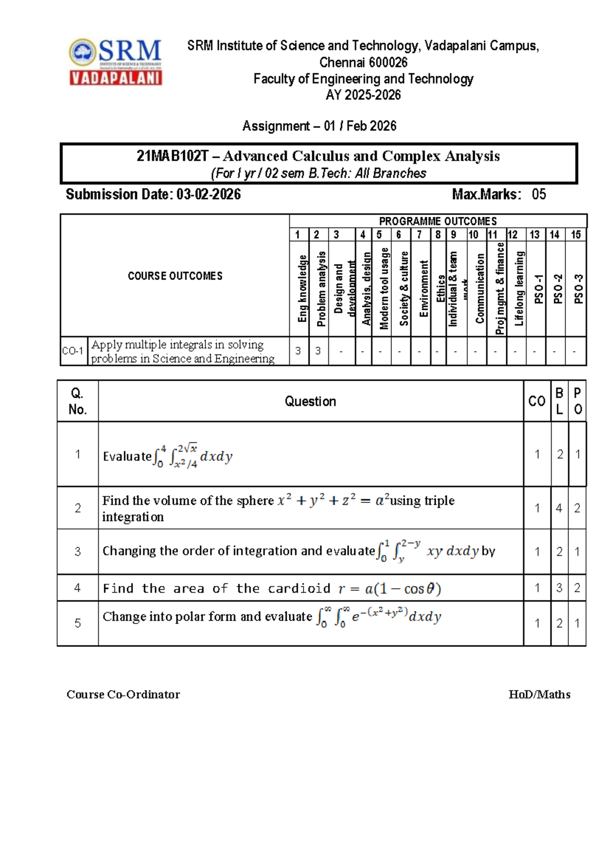 21MAB102T - Advanced Calculus & Complex Analysis Assignment 01 - Studocu