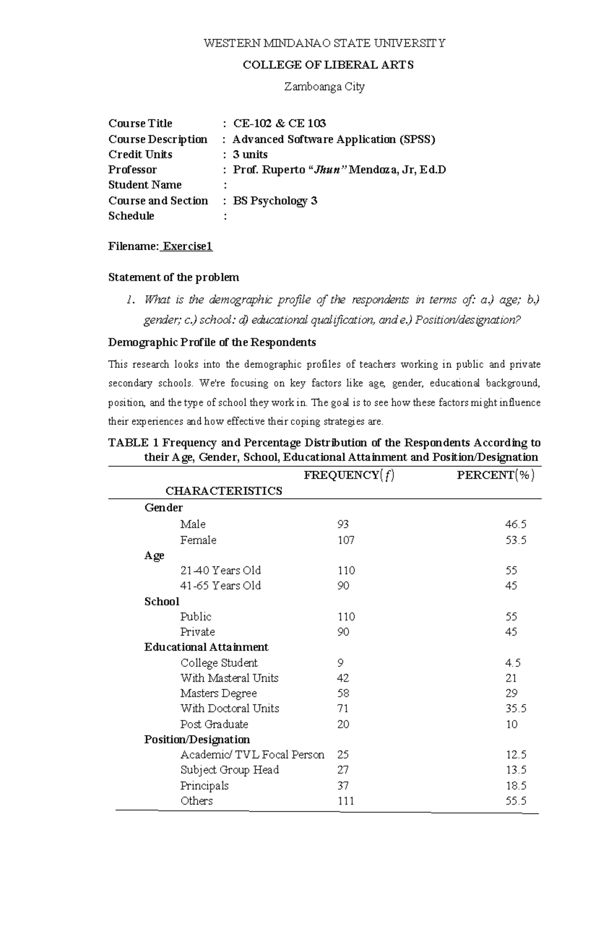 ce 102 exercise 1 - WESTERN MINDANAO STATE UNIVERSITY COLLEGE OF ...