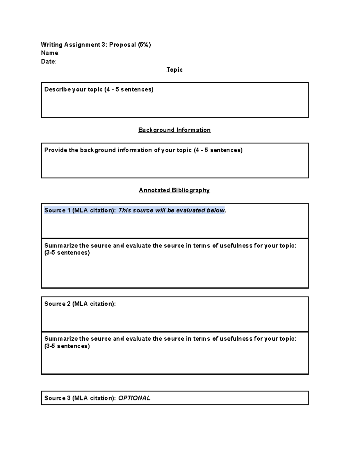 ENG 101: Writing Assignment 3 - Proposal Guidelines and Evaluation ...