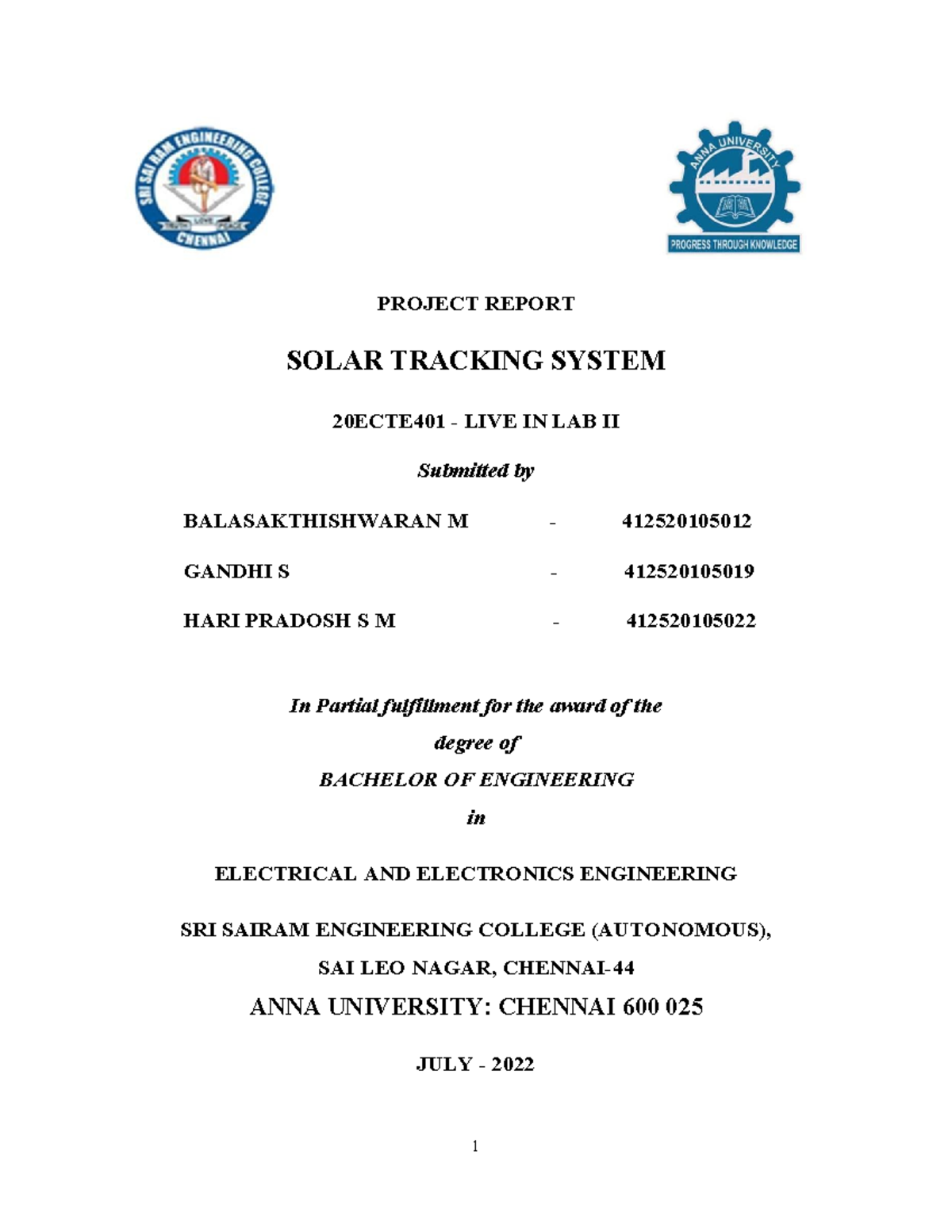 Solar Tracking System Project Report - 20ECTE401 Live in Lab II - Studocu