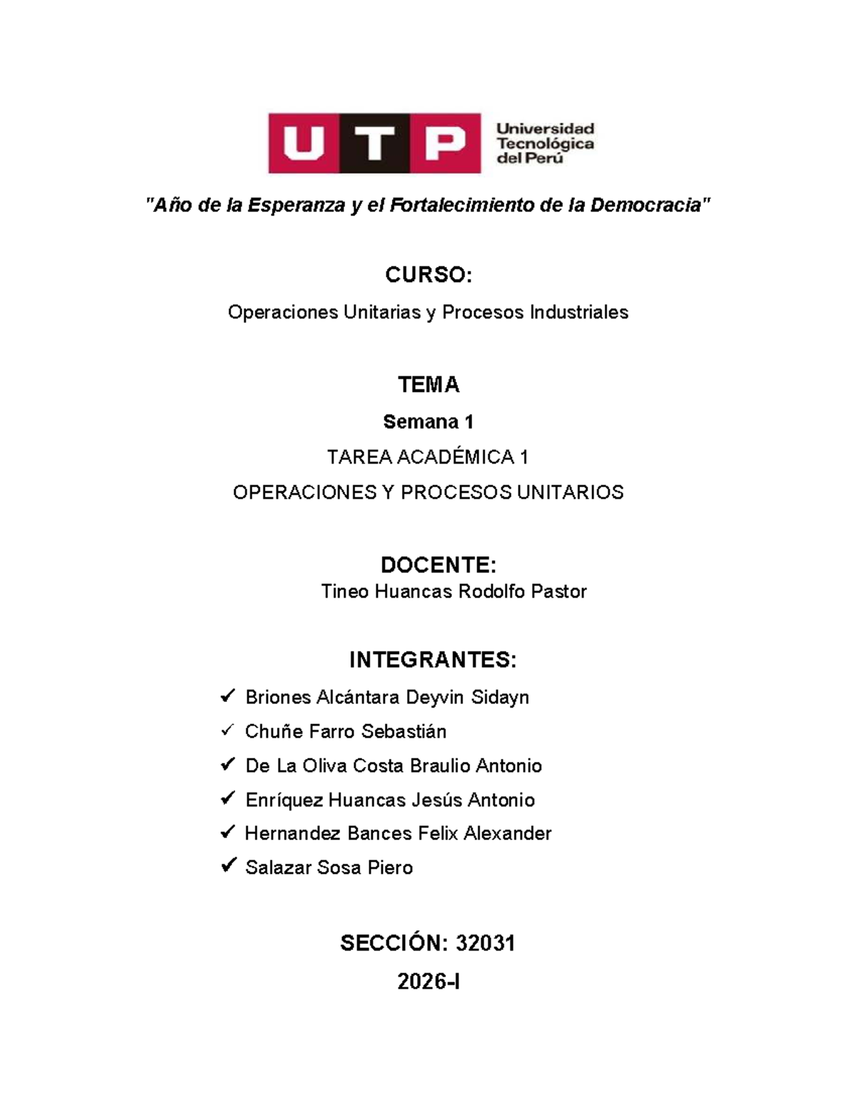 Tarea Académica 1: Operaciones y Procesos Unitarios - CURSO: Operaciones - Document Preview