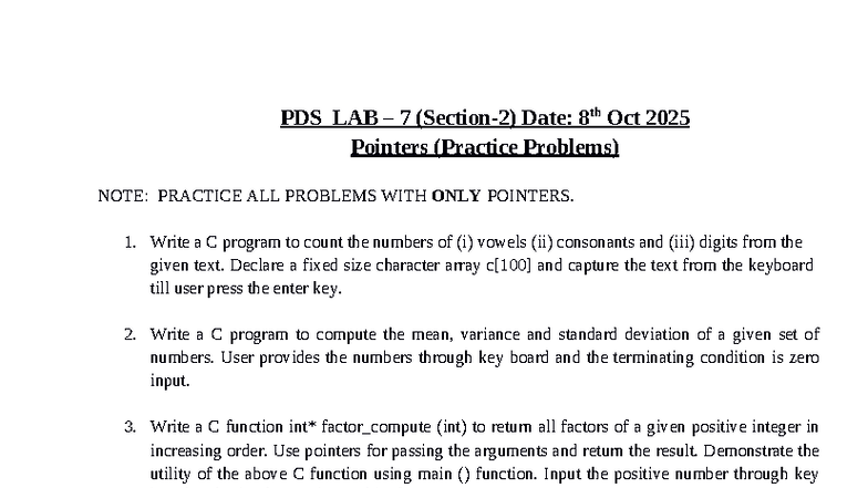 PDS LAB 7: C Programming Practice Problems with Pointers - Studocu