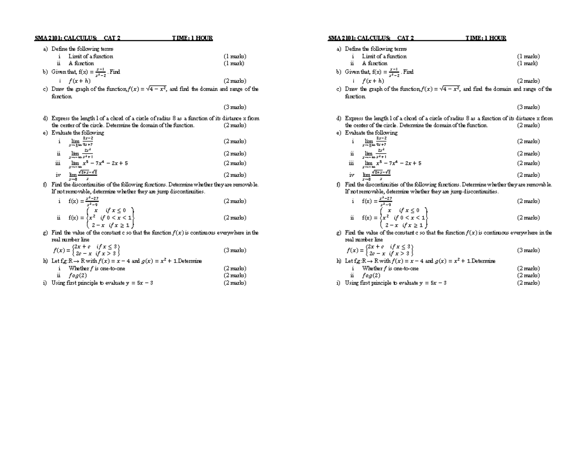 SMA 2101: Calculus CAT 2 - Limits, Functions, and Discontinuities - Studocu