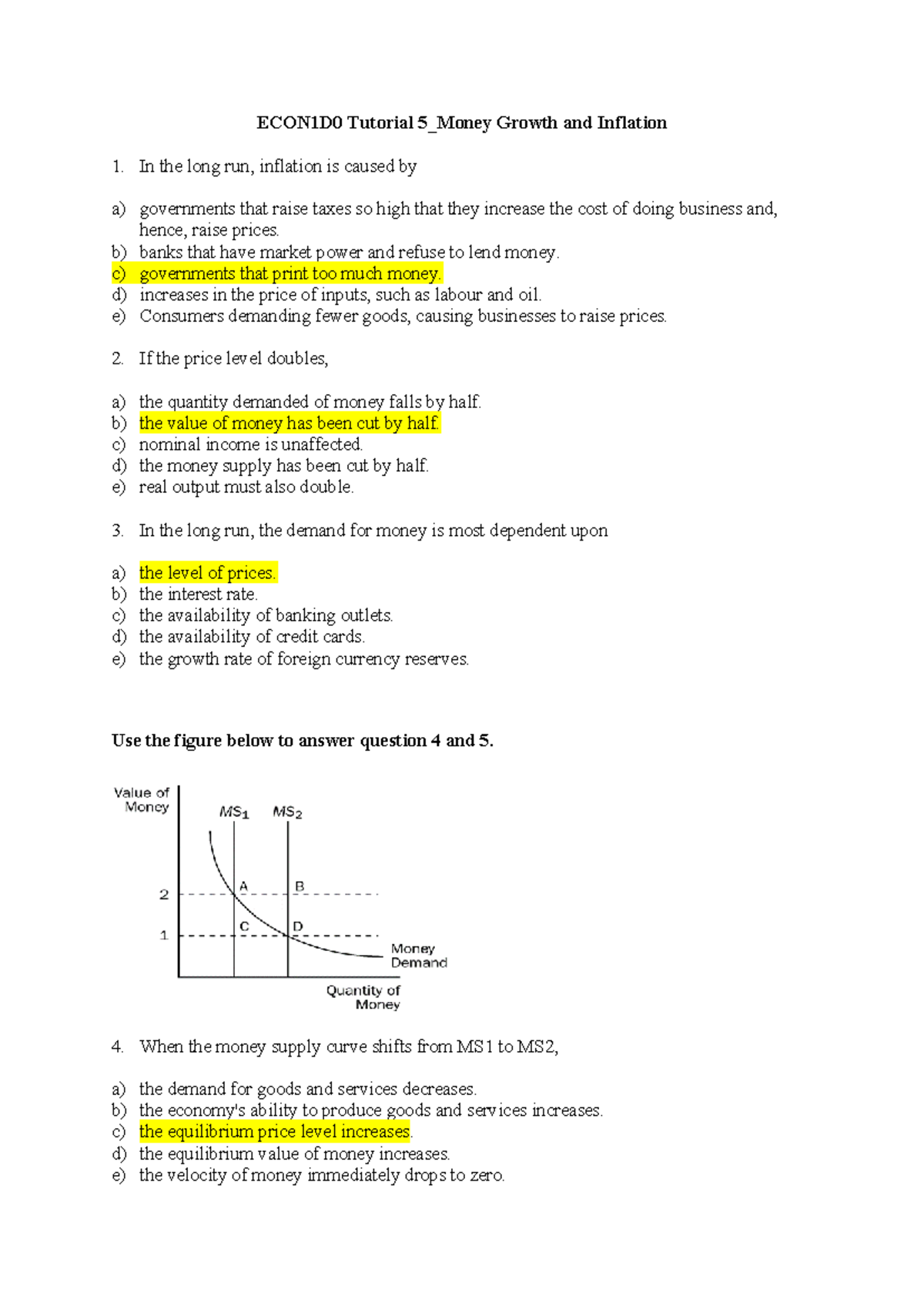ECON1D0 Tutorial 5: Money Growth and Inflation Solutions - Studocu