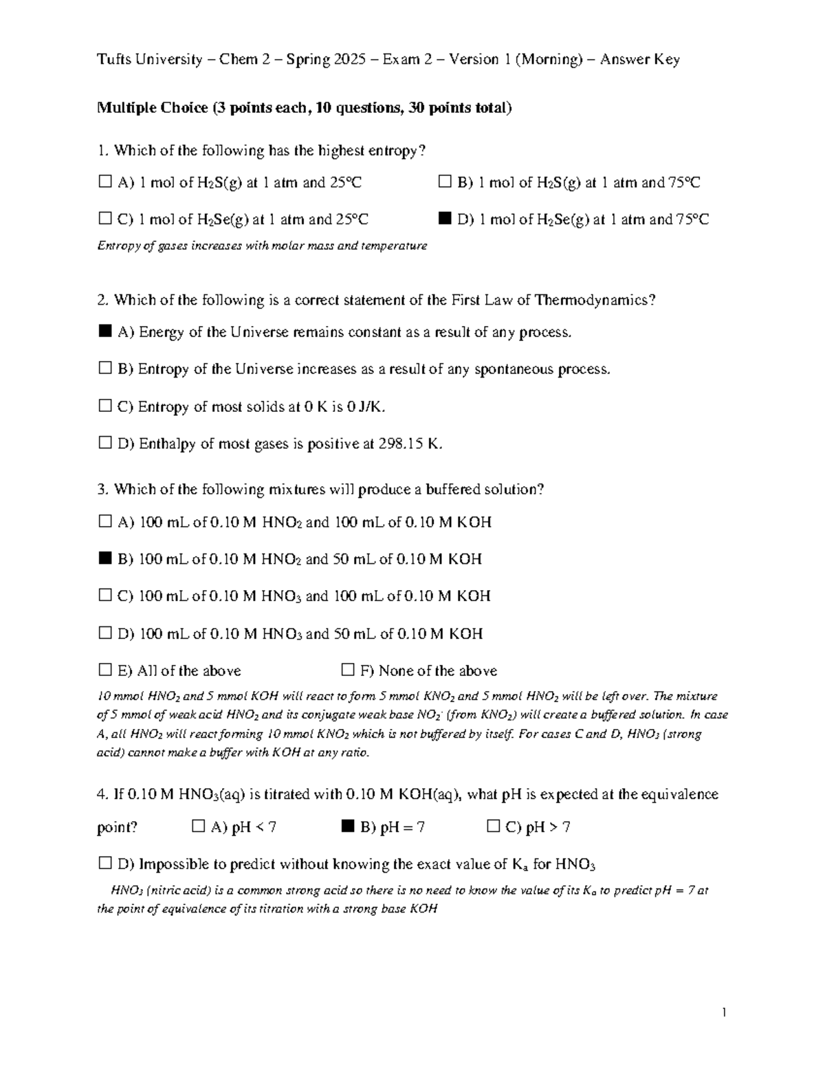 Tufts University Chem 2 Spring 2025 Exam 2 Answer Key (Morning Version ...