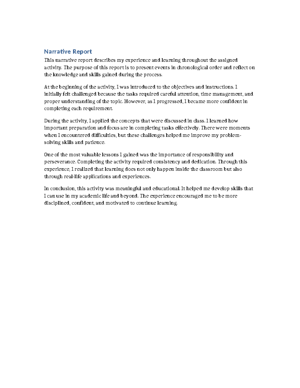 Narrative Report: Reflections on Learning Experience - Studocu