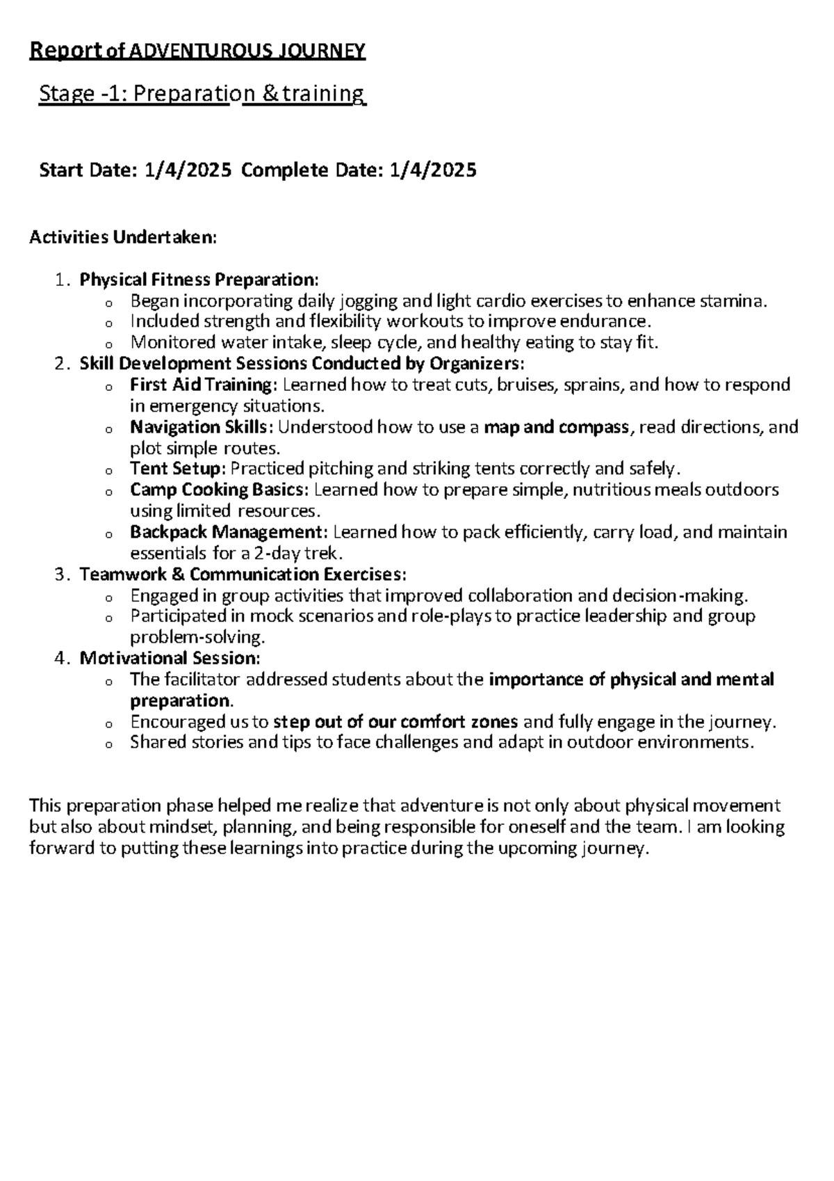 Adventurous Journey Report: Stage Prep & Practice Journey (AJ101) - Studocu