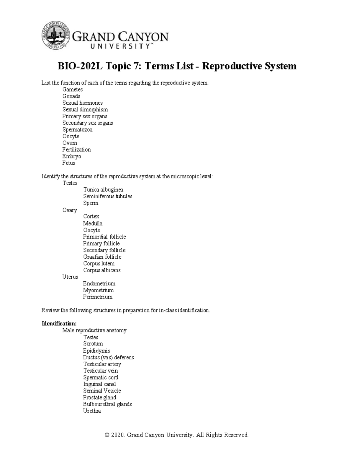 BIO 202L Topic 7: Reproductive System Terms & Structures Overview - Studocu