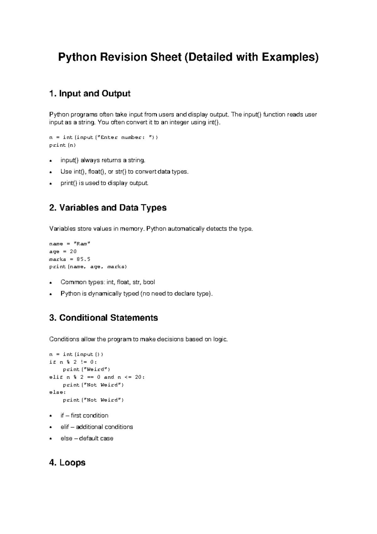 Python Revision Sheet: Key Concepts and Examples - Studocu