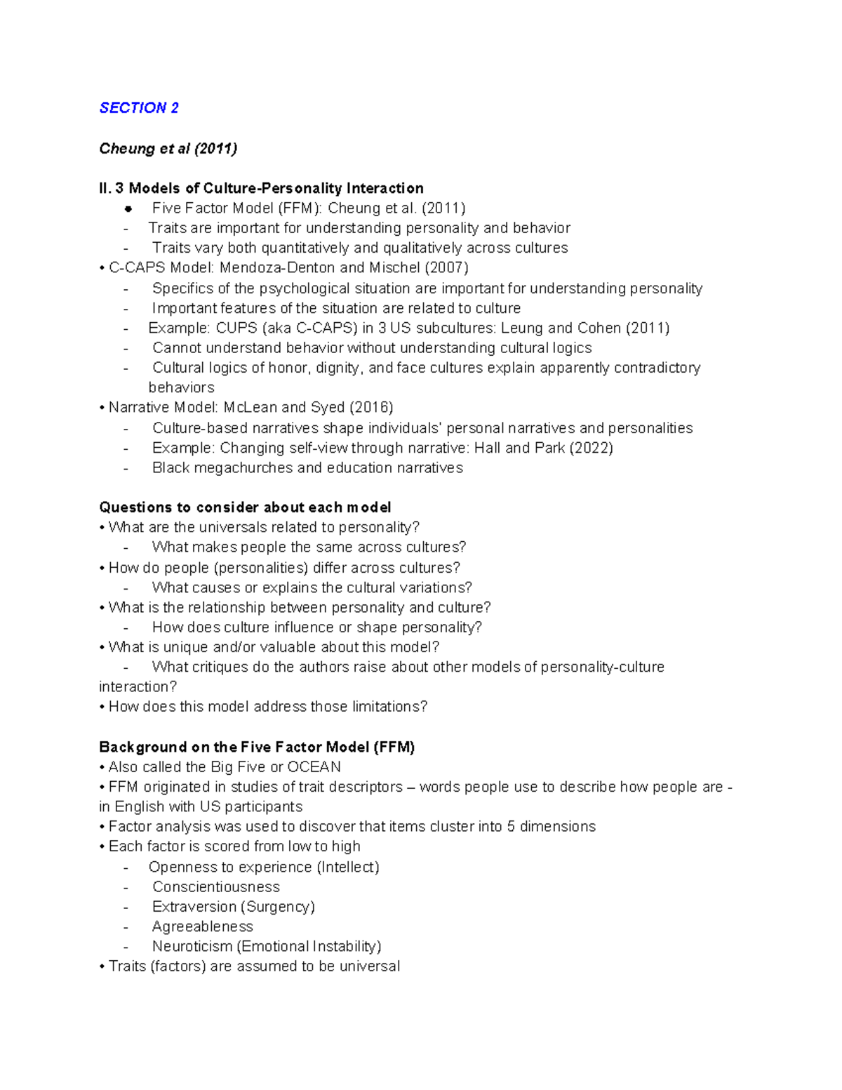 PSY101 Final Exam Notes: Personality Models & Cultural Influences - Studocu