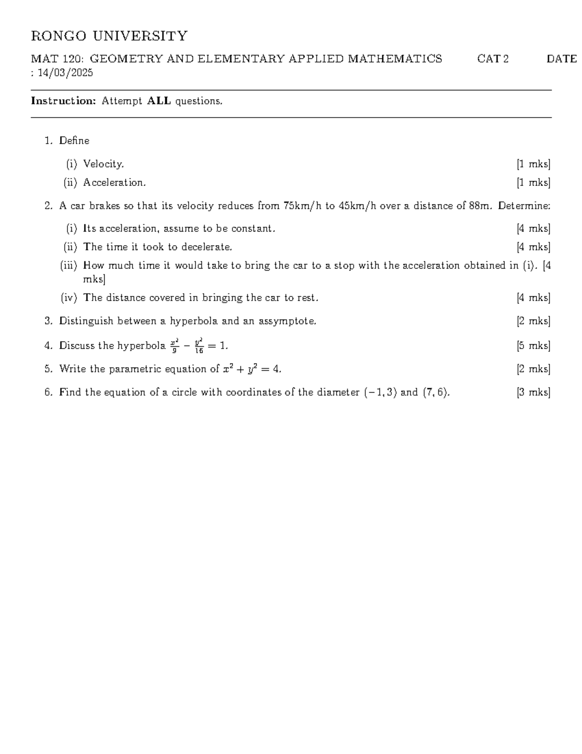 Mathematics 120 - RONGO UNIVERSITY MAT 120: GEOMETRY AND ELEMENTARY ...