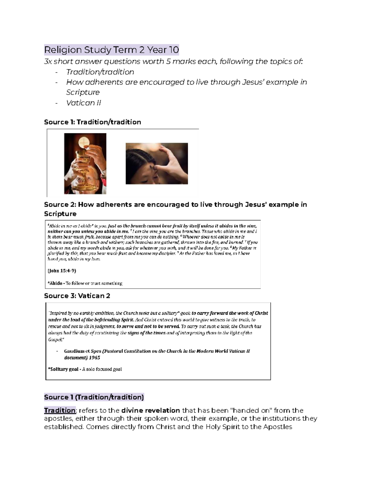 Religion Study Term 2 Year 10: Short Answer Questions on Scripture ...