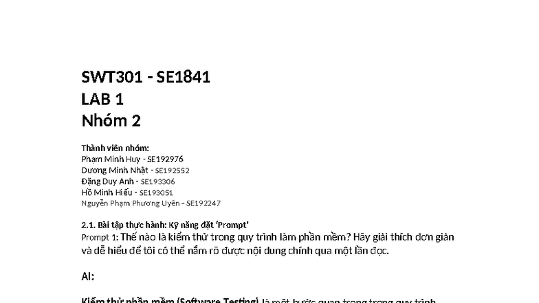 Lab 1: Kỹ Năng Kiểm Thử Phần Mềm - Nhóm 2 SWT301 SE1841 - Studocu