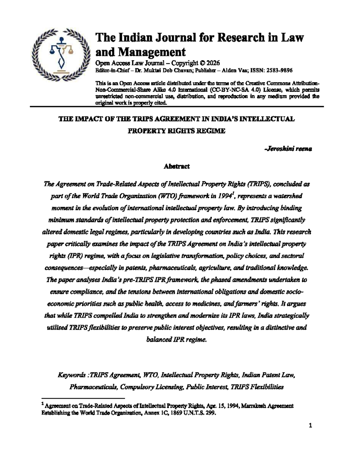 Impact of TRIPS on IPR in India: A Comprehensive Study - Studocu