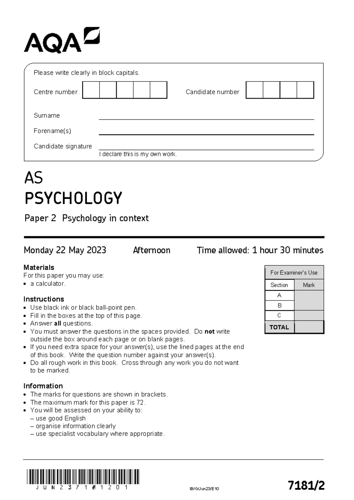 AQA PSY 71812 Paper 2 Psychology in Context - June 2023 Exam - Studocu