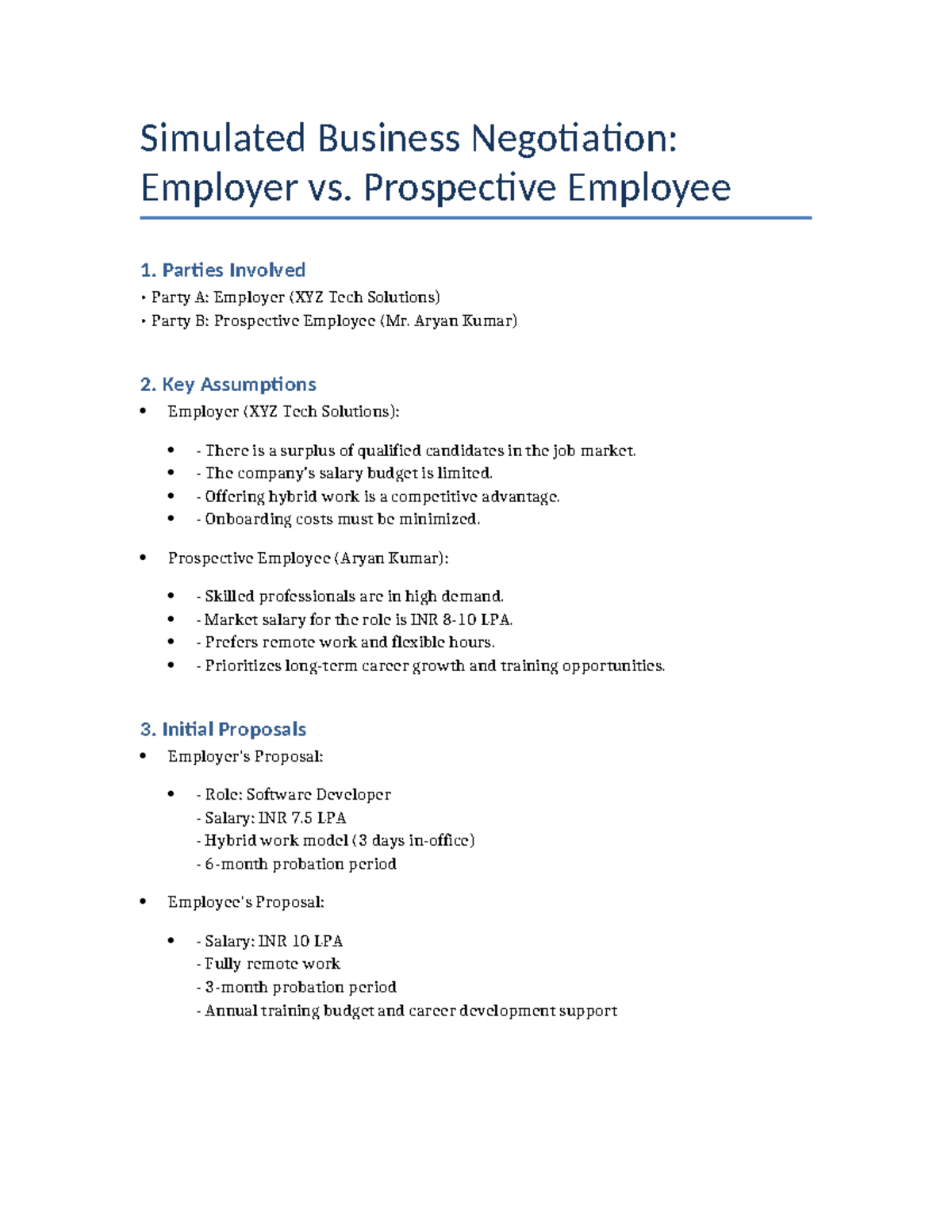 Business Negotiation Simulation: Employer vs Employee (XYZ Tech) - Studocu