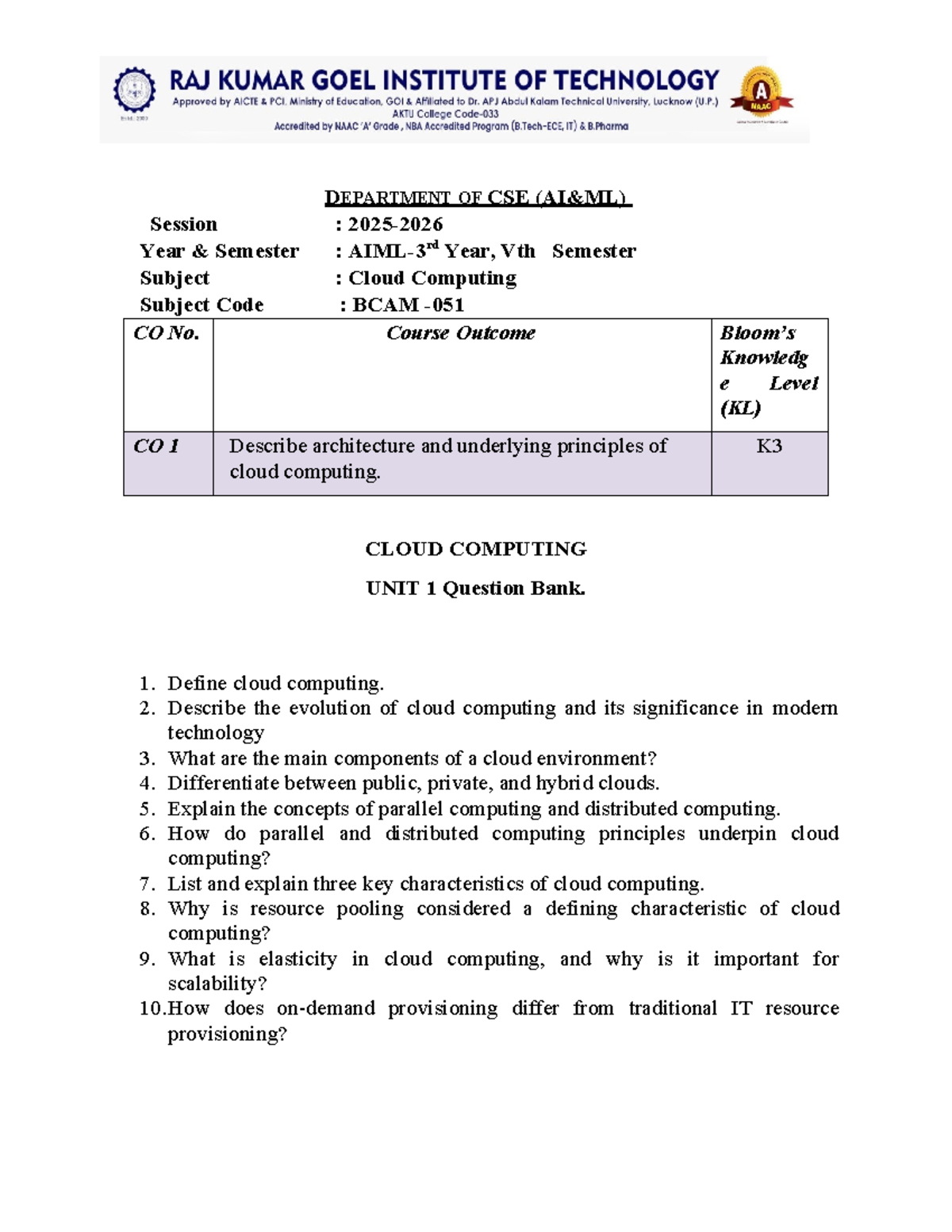 Q Bank for Cloud Computing (BCAM) - Vth Semester Questions - Studocu
