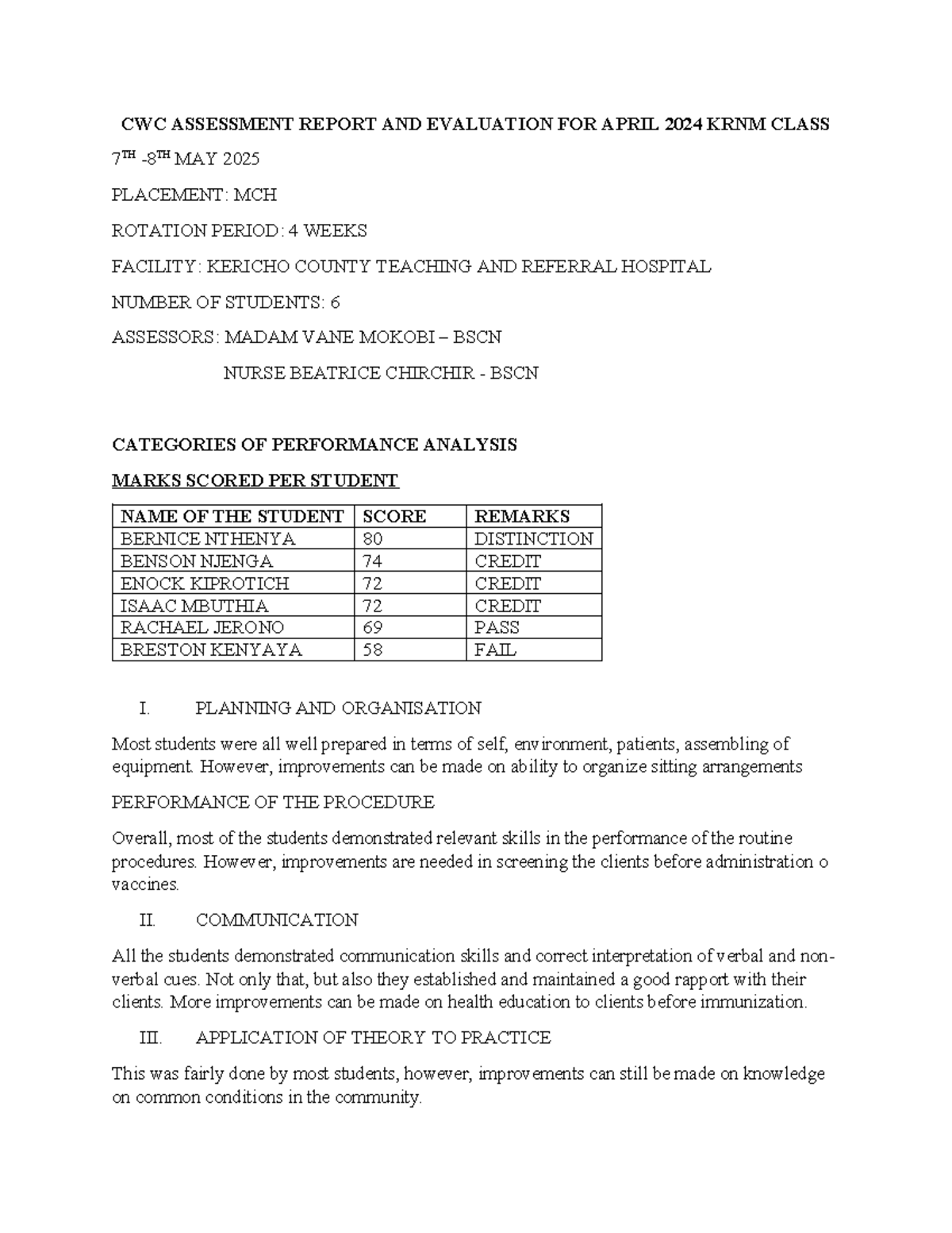 CWC Assessment Report: April 2024 KRNM Class Evaluation - Studocu