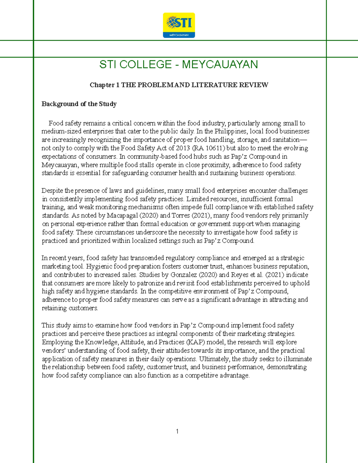 STI COLLEGE MEYCAUAYAN Chapter 1: Food Safety Practices as Marketing ...