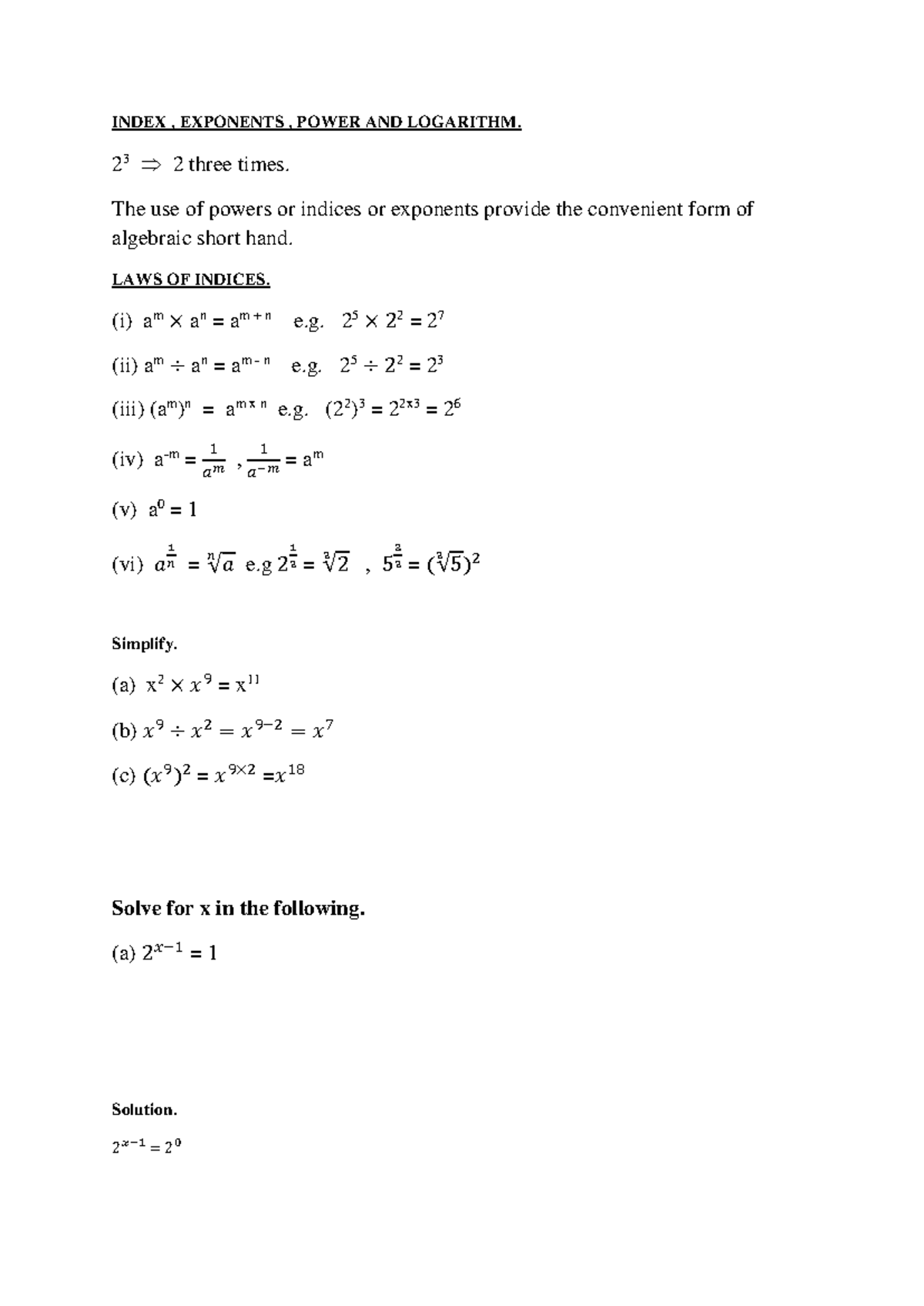 Lecture 4 - INDEX , EXPONENTS , POWER AND LOGARITHM. 23 2 three times ...