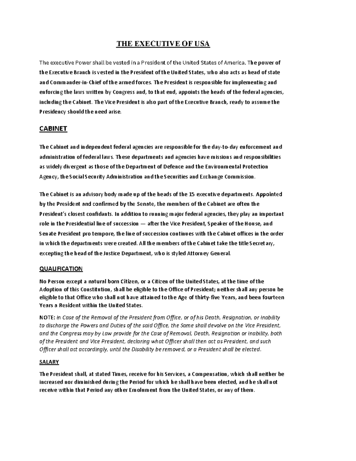 Executive of usa Document from Varsha Singh - THE EXECUTIVE OF USA The ...