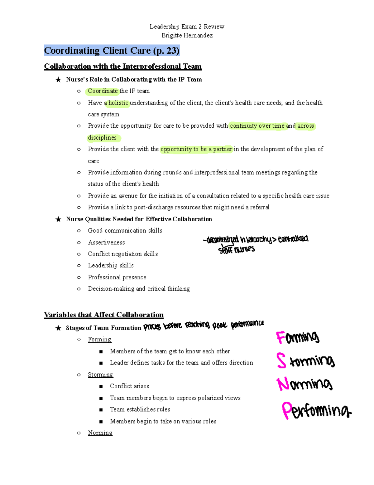 Leadership Exam 2 Review - Key Concepts and Collaborative Care - Studocu