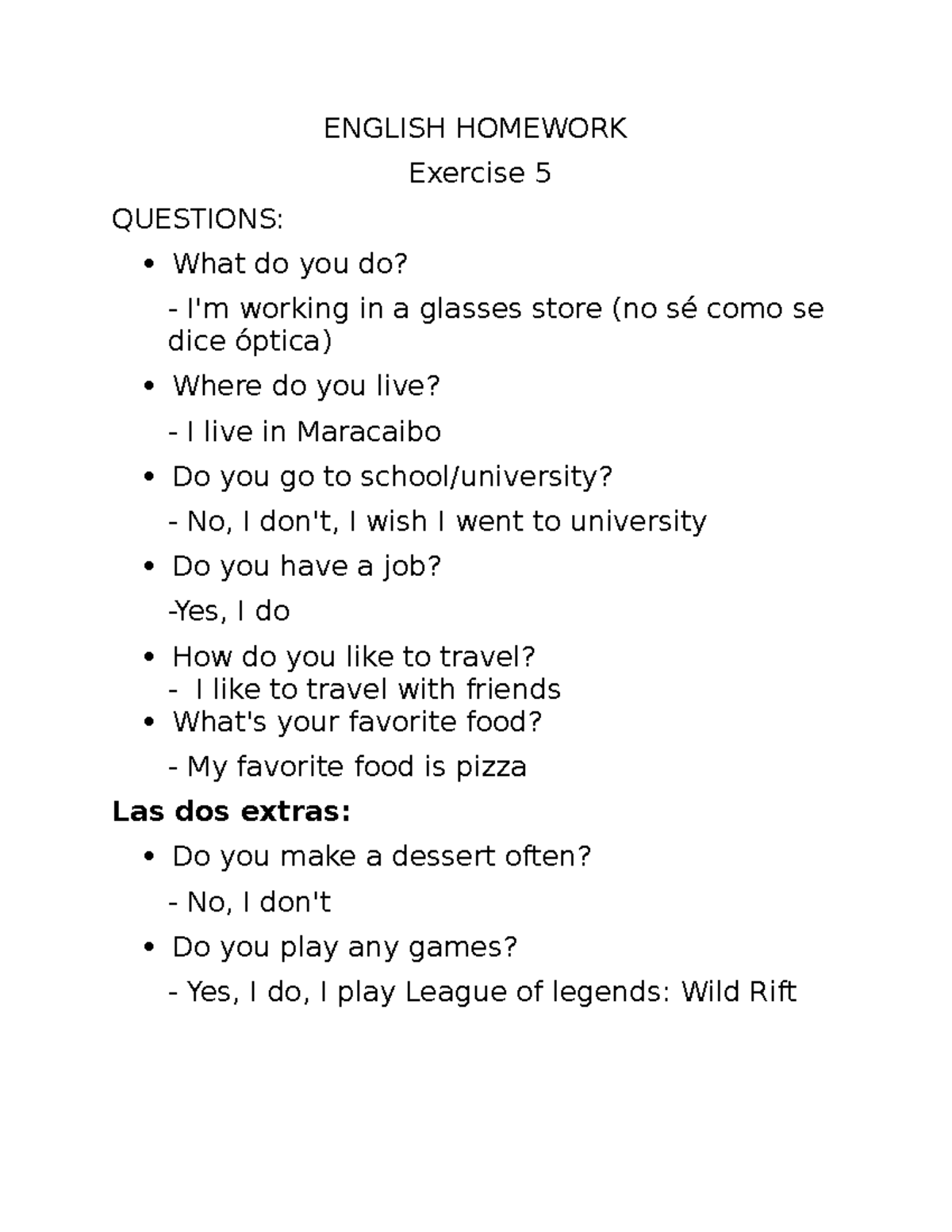 ENGLISH HOMEWORK: Exercise 5 Questions & Answers - Studocu