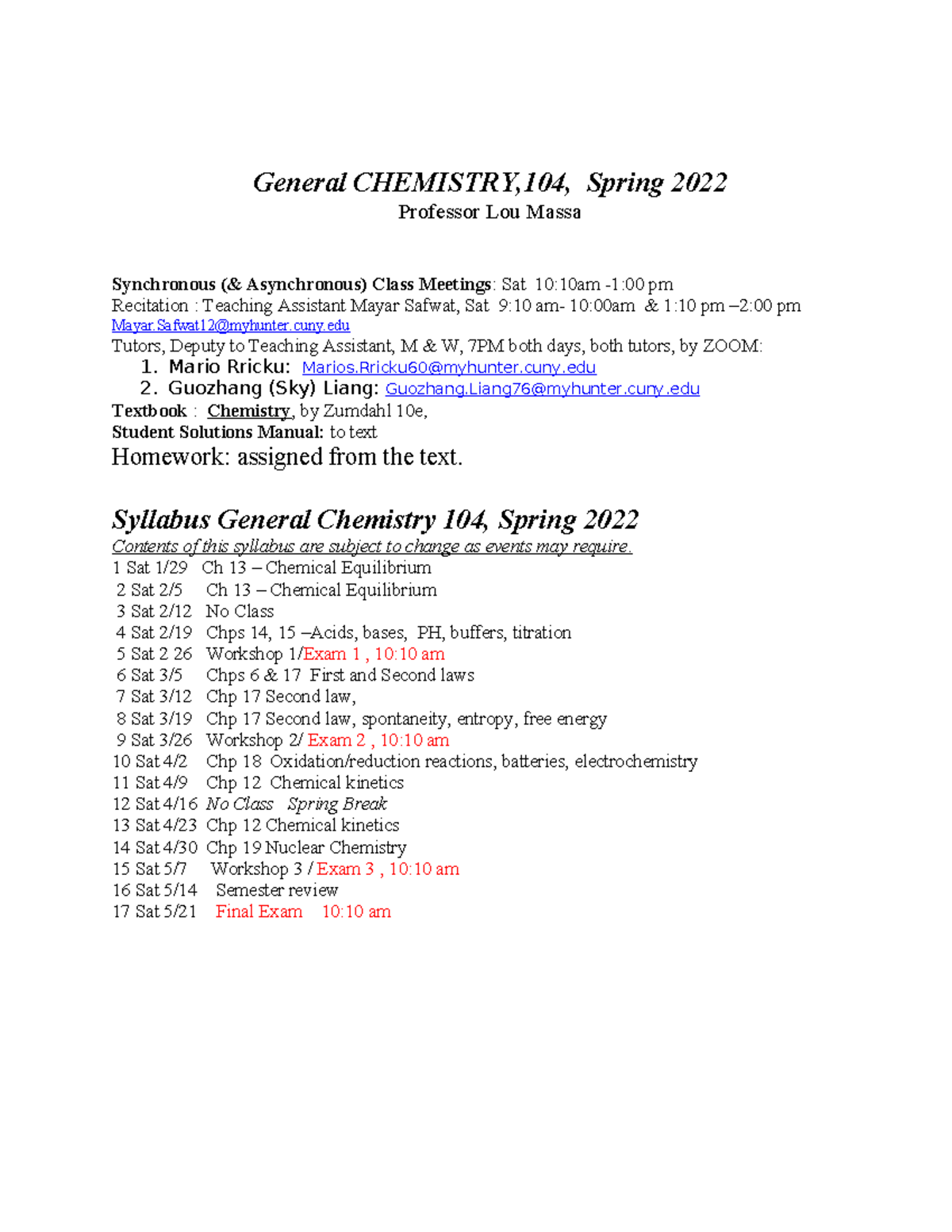 Syllabus for CHEM 104: General Chemistry Spring 2022 - Studocu